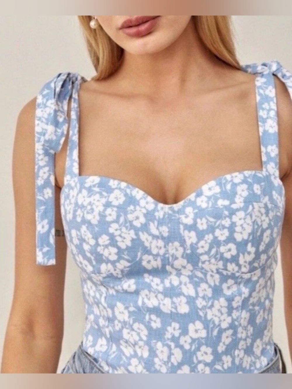 Reformation 100% Linen Jaxon Tie Strap Corset Top Women Sz 10 Blue White Boho